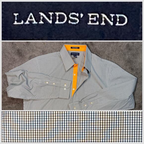 Lands' End Other - Lands End Men's Large Wrinkle Free LS Shirt Black Gingham Check w/ Orange Trim